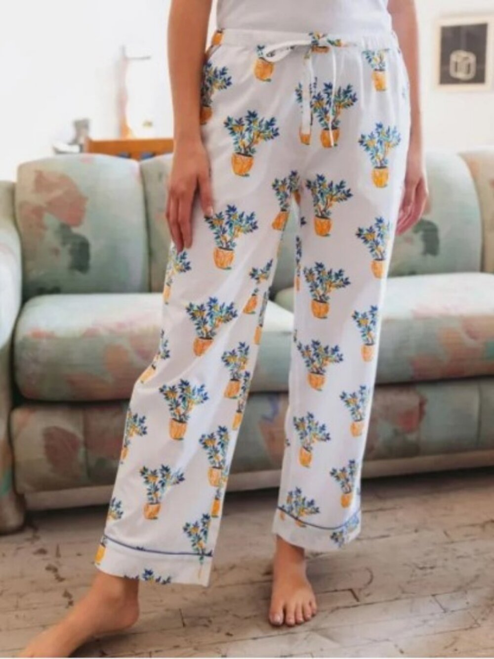 Printfesh Pajamas M Button Top Pants Lemon Tree Potted Plant Print 2 Piece SET - Picture 15 of 16